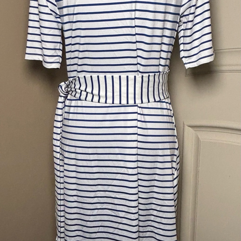 Lands’ End Elbow Sleeve Tie Waist Sheath Dress White & Navy Blue Nautical Sz S - Picture 3 of 16